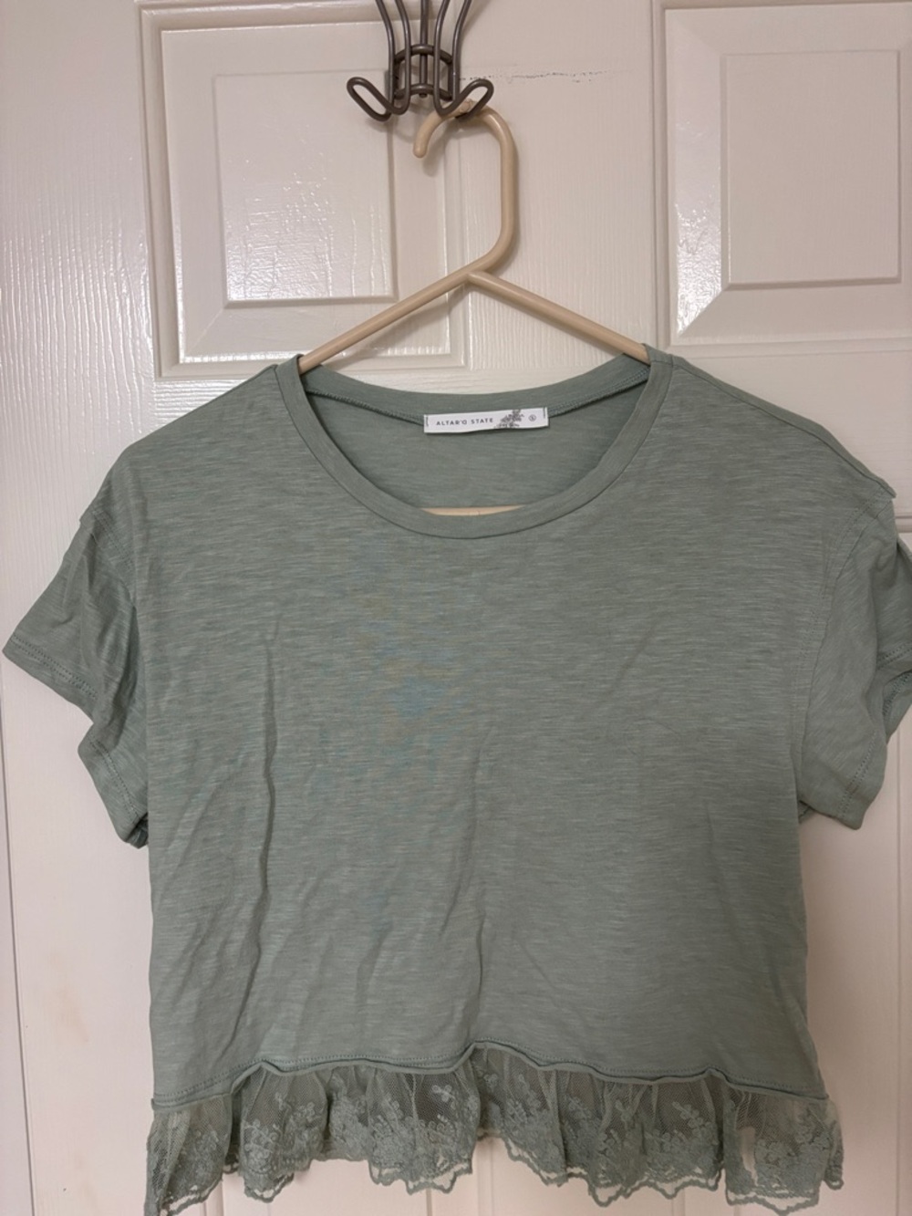 altar’d state Sage Green Cropped Tee with Lace Hem